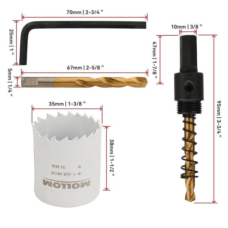 Mollom منشار ثقب ثنائي المعدن HSS M42 بقطر 35 مم | 1-3/8" مع 8% كوبالت مع 2 بت حفر وعمود لتقطيع سلس للـ PVC، الجبس، الخشب، البلاستيك، لوح الجبس، المطاط - Image 2